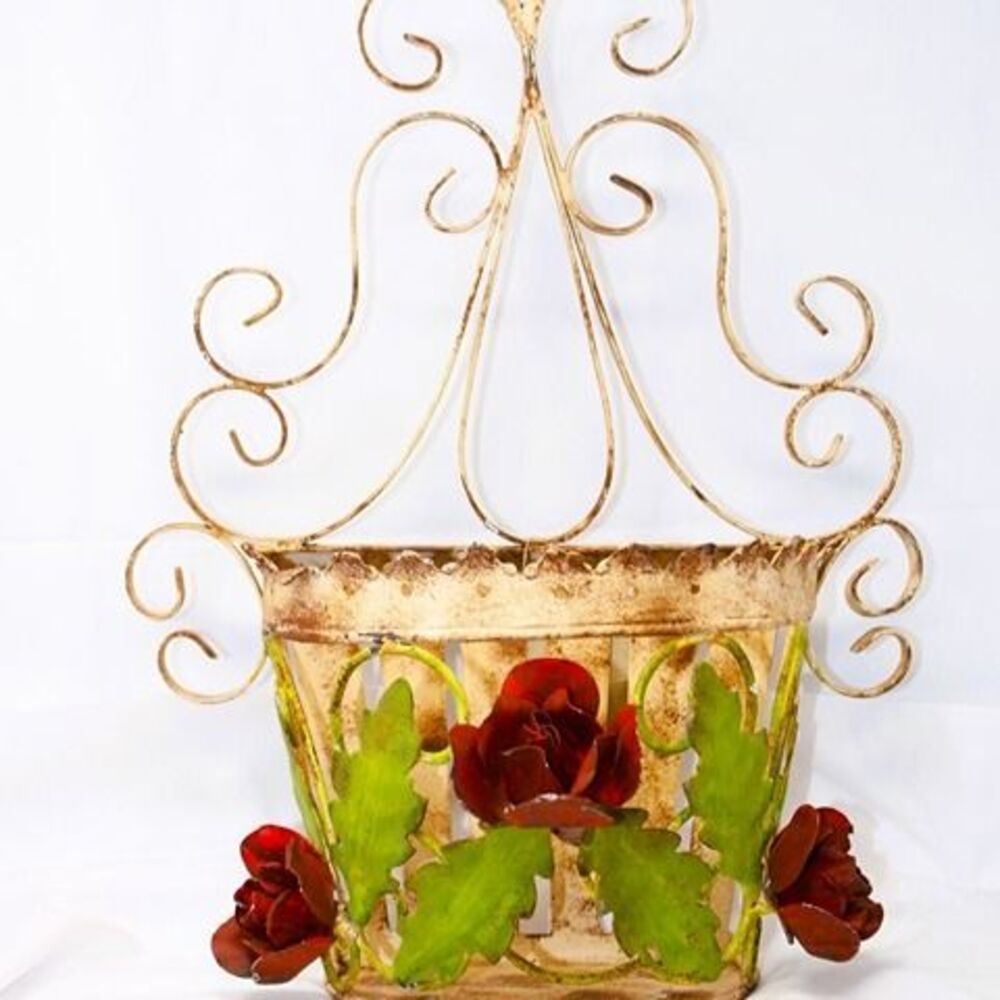 NWT Shabby Chic Metal Iron Wall Mount Basket, Metal Flowers ~ Used For Anything